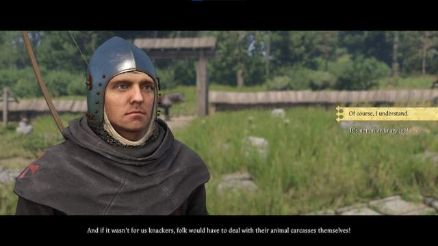 A man in a metal helmet speaks to the main character in Kingdom Come Deliverance.
