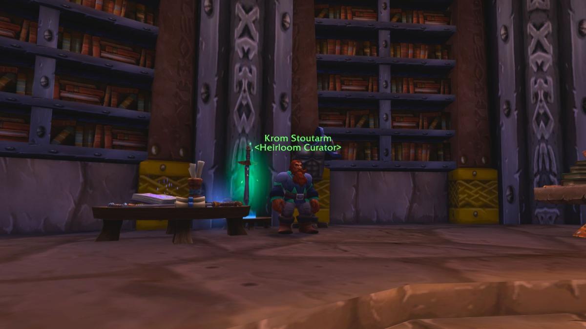 Heirloom vendor in World of Warcraft standing in the Ironforge library.