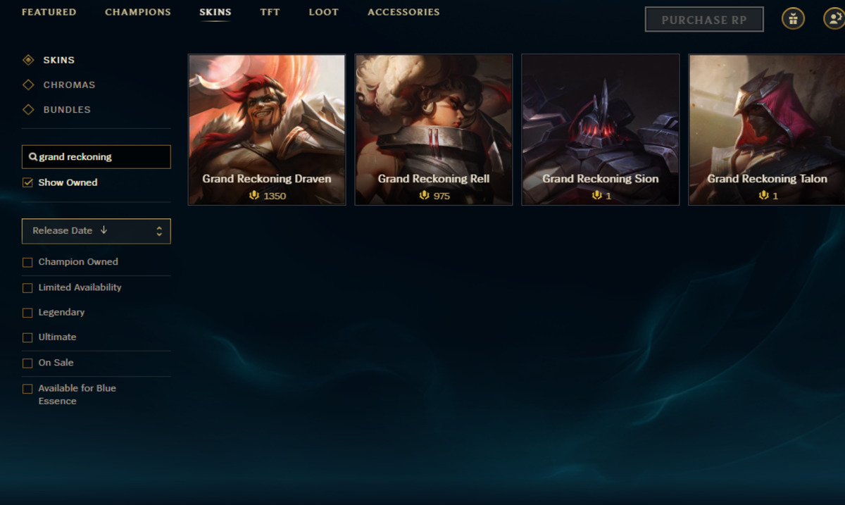 Several skins and their prices listed in the League client