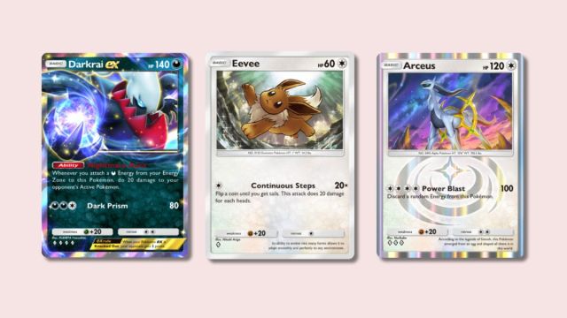 Darkrai ex, Eevee, and Arceus Pokémon TCG Pocket cards on a pink background.