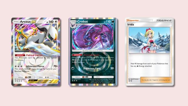 Arceus ex, Crobat, and Irida Pokémon TCG Pocket cards on a pink background.