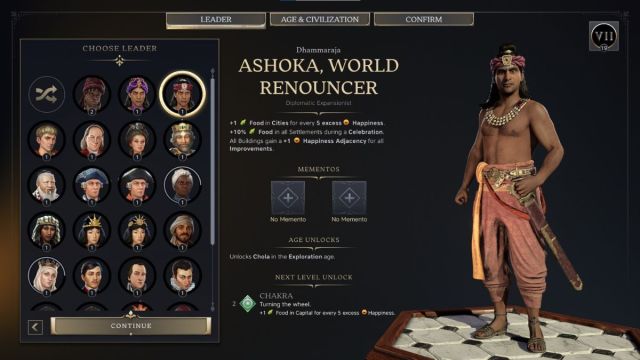 Ashoka Civilzation 7 leader screenshot with traits.