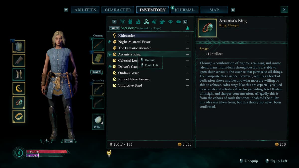 A woman wearing a gambeson and gloves and iron greaves standing in the character overview screen in Avowed with text boxes around her indicating Abilities, Character, Inventory, Journal, and Map and item descriptions.