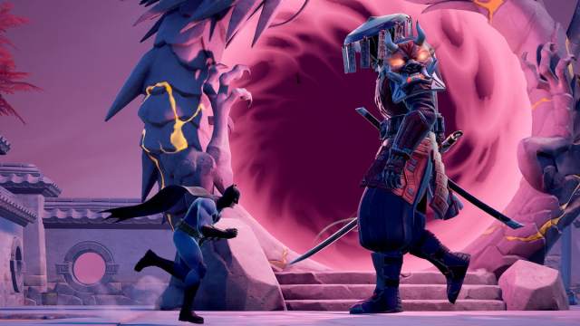 Batman running by Shogun X in front of a swirling pink portal in Fortnite.