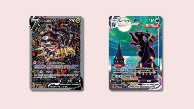 Giratina V and Moonbreon Pokemon cards on a pink background.