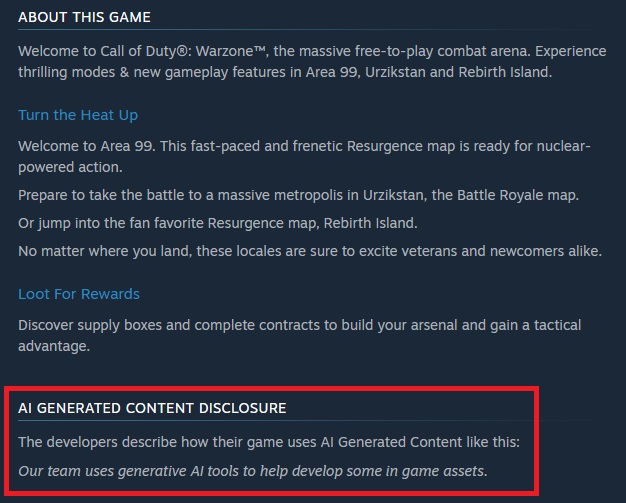 AI disclosure info for Call of Duty on Steam