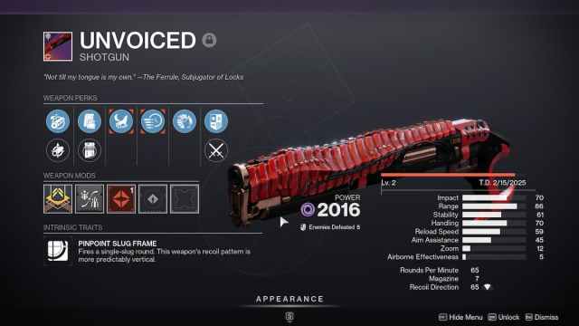 Unvoiced shotgun details in Destiny 2