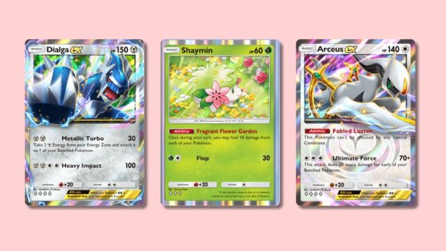 Pokémon TCG Pocket Dialga ex, Shaymin, and Arceus ex cards on a plain pink background.