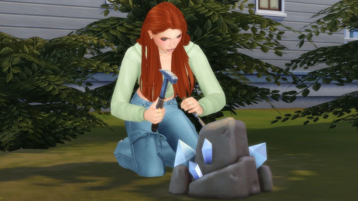 A Sim with orange hair and a light green jacket holding a hammer while mining a rock collectible spot for a time capsule in the sims 4.