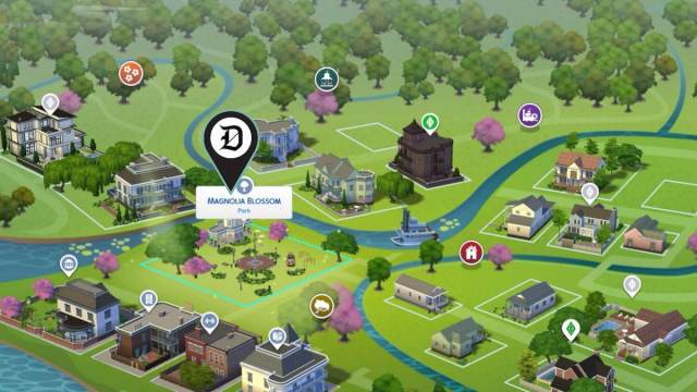 Emit Relevart's location at Magnolia Blossom Park marked on a map in The Sims 4.