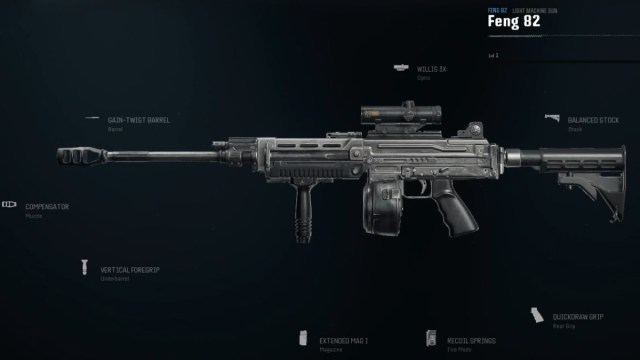 Feng 82 LMG in Gunsmith in Warzone with eight meta attachments