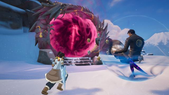 Korra running by Daigo floating in a bubble and a swirling pink portal in Fortnite.