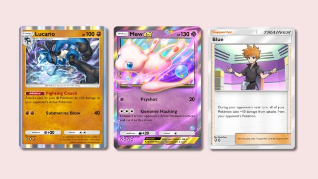 Lucario, Mew ex, and Blue Pokémon TCG Pocket cards on a plain background.