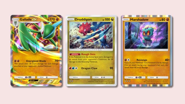 Gallade ex, Druddigon, and Marshadow Pokémon TCG Pocket cards on a plain background.