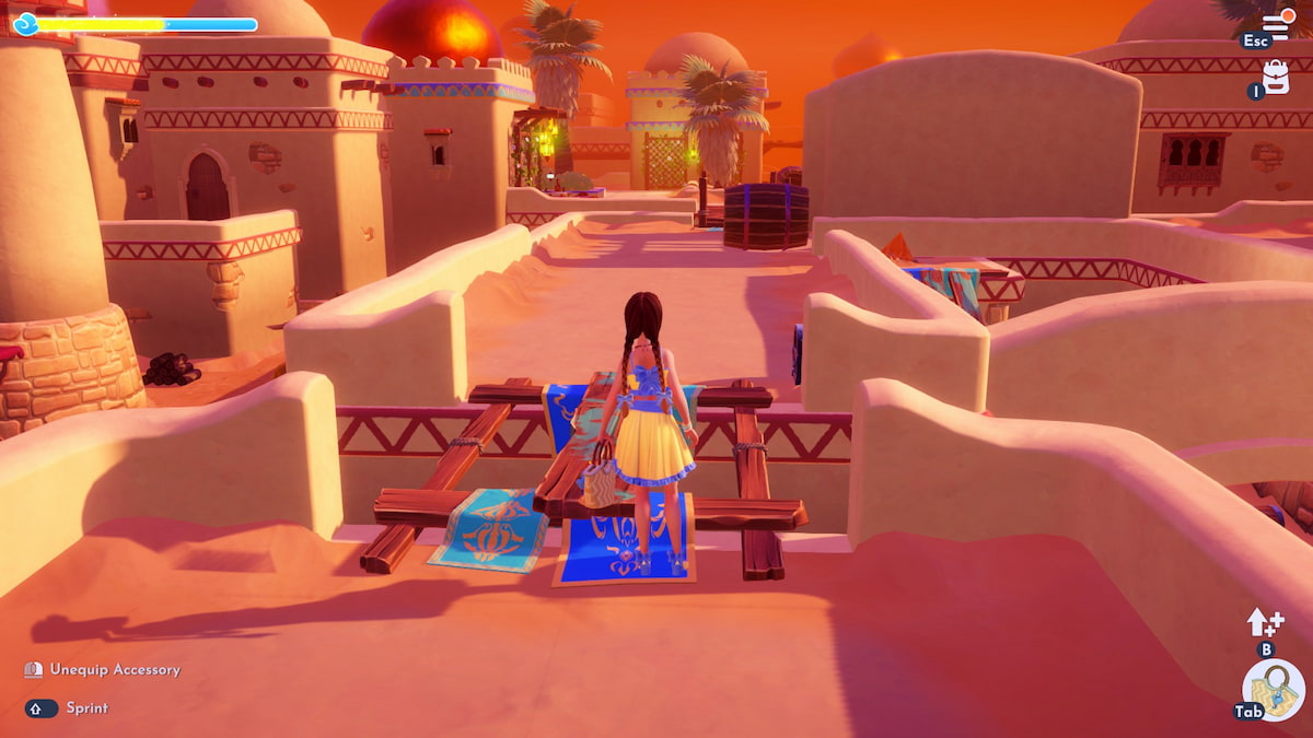 A player with brown braids and a yellow and blue top and skirt walking across roofs in Disney Dreamlight Valley.