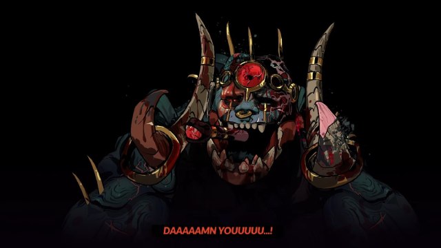 Typhon face close up bloody and beaten with black background after boss fight in hades 2
