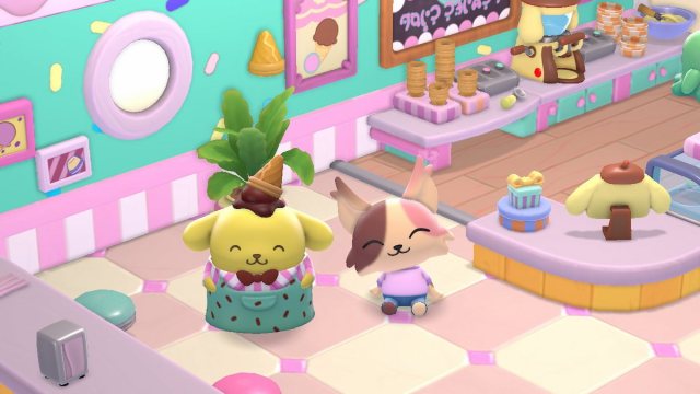Player and Pompompurin in Hello Kitty Island Adventure.