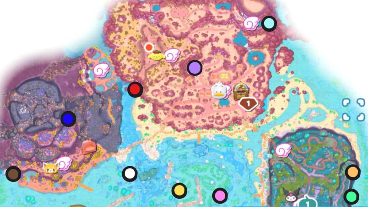 Hello kitty island adventure map with all echo conch locations marked.