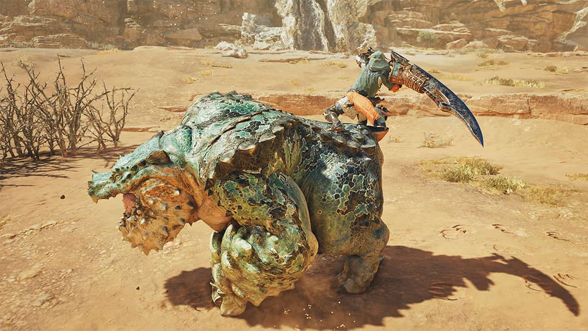 A hunter mounting a monster and dealing big damaged in Monster Hunter Wilds