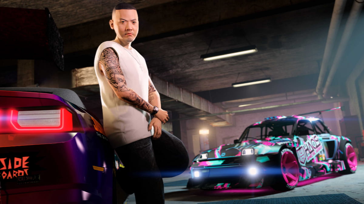 Man standing next to a suped up car on GTA 5