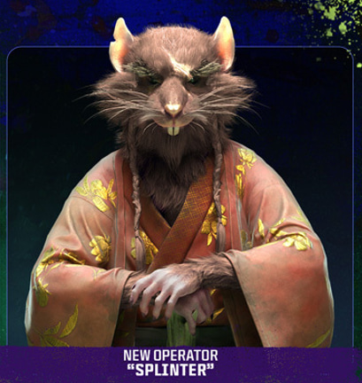 An anthropomorphic rat wearing a robe leans on a staff with his hands crossed in front of him.