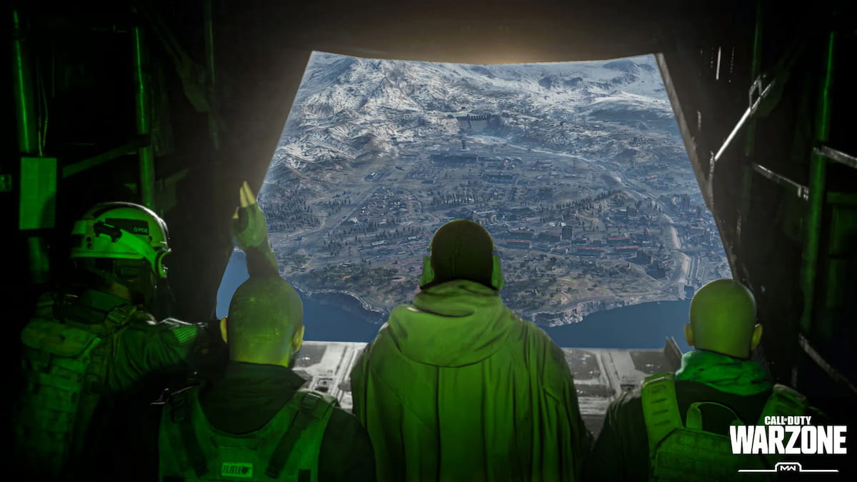 Warzone key art of four operators looking out of the plane