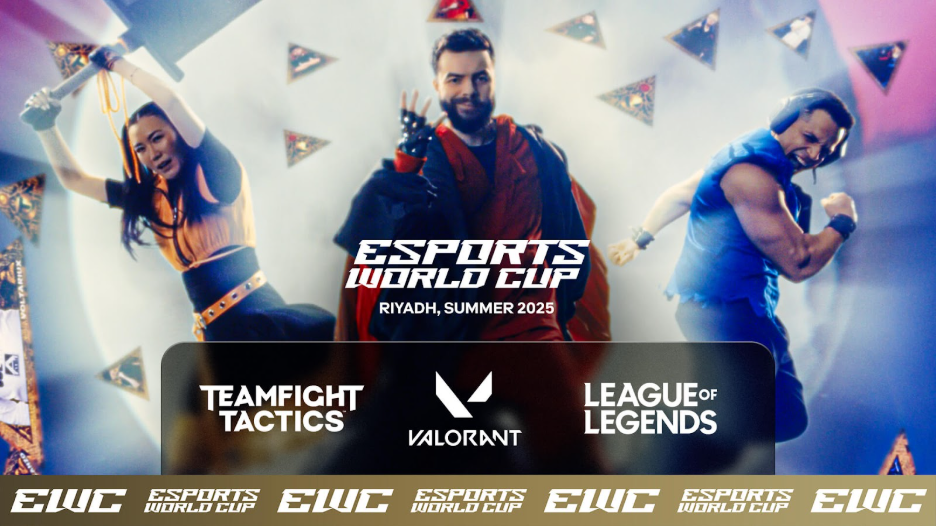 Three people pose for the camera with triangular Esports World Cup trophies surrounding them.