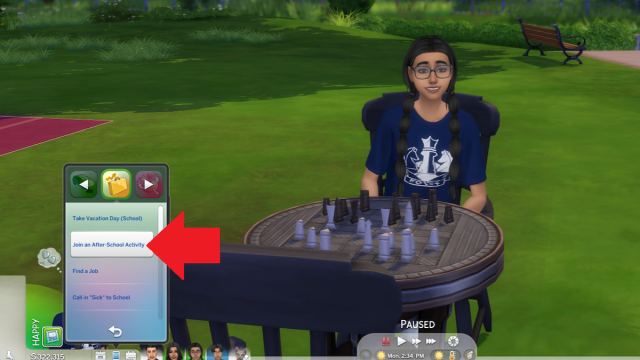 The join an after-school activity option marked in The Sims 4.