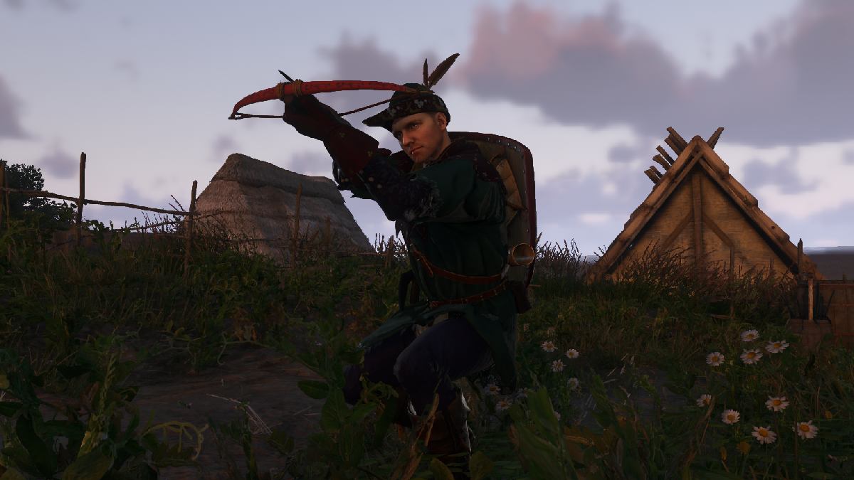 Kingdom Come Deliverance 2 Henry equipped with gallant huntsman kit aiming crossbow