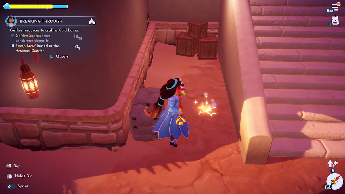 The glowing and sparkling dig spot for the lamp mold in disney dreamlight valley.