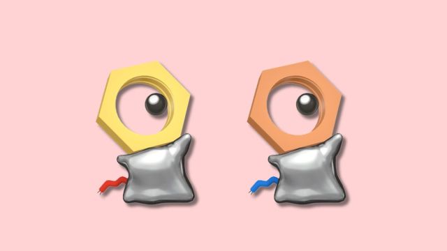 Meltan and Shiny Meltan Pokémon on pink background.