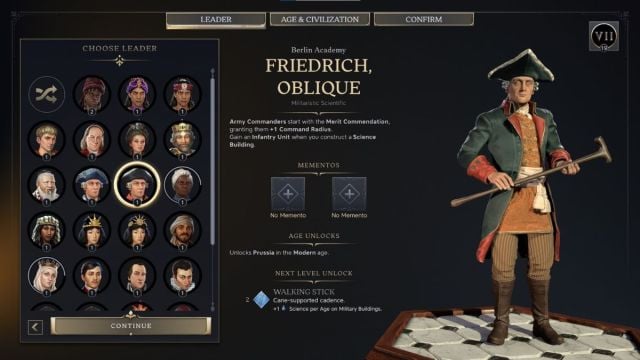 Oblique Civilzation 7 leader screenshot with traits.