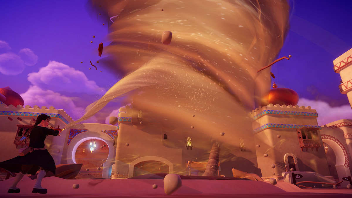 A player holding a genie lamp facing a massive swirling sandstorm in Disney Dreamlight Valley