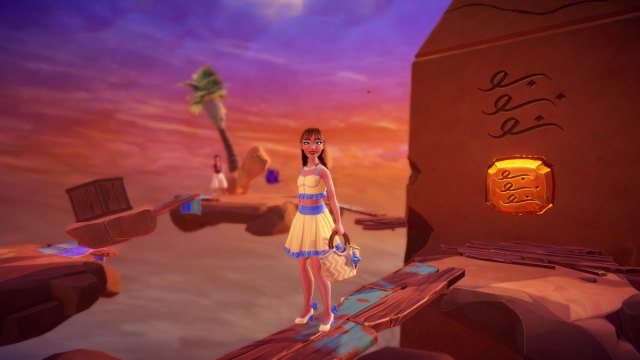 A player dressed in a yellow and blue top and skirt holding a bag with a Genie charm on it standing on a wooden plank bridge in the sky in Disney Dreamlight Valley.