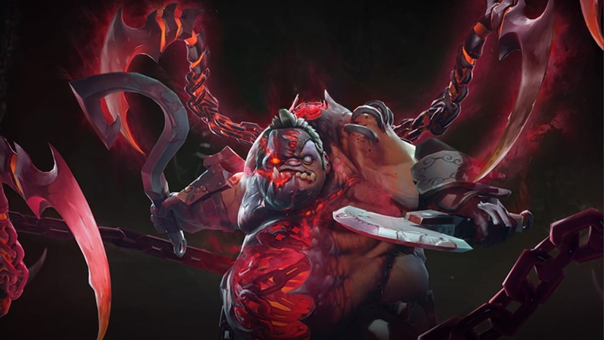 A humanoid creature with twisted flesh and red glowing hooks holds another hook in one hand with a cleaver in the other