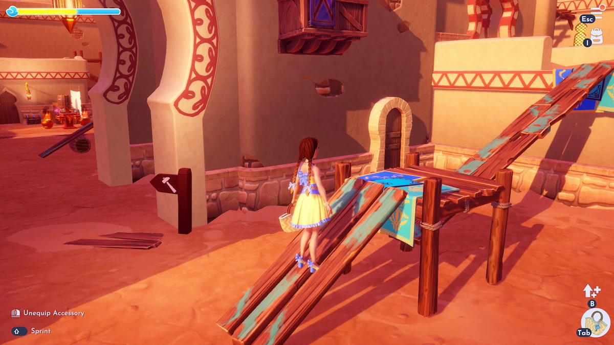 A player with brown braids and a yellow and blue top and skirt walking up a ramp in Disney Dreamlight Valley.