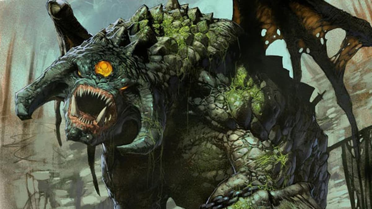 A giant stone golem with wings roars in a desolate landscape