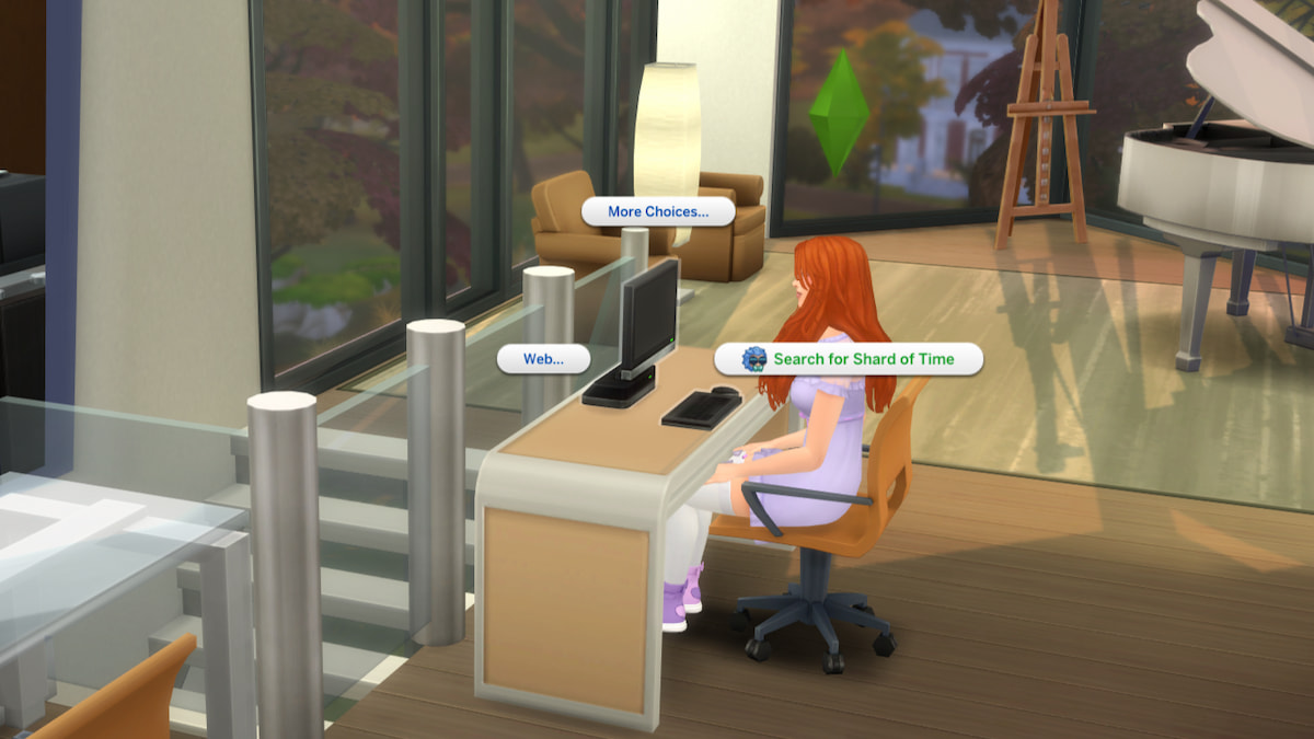The search for shard of time option displayed over a sim sitting at a computer in the sims 4