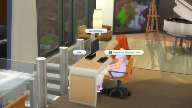 The search for shard of time option displayed over a sim sitting at a computer in the sims 4