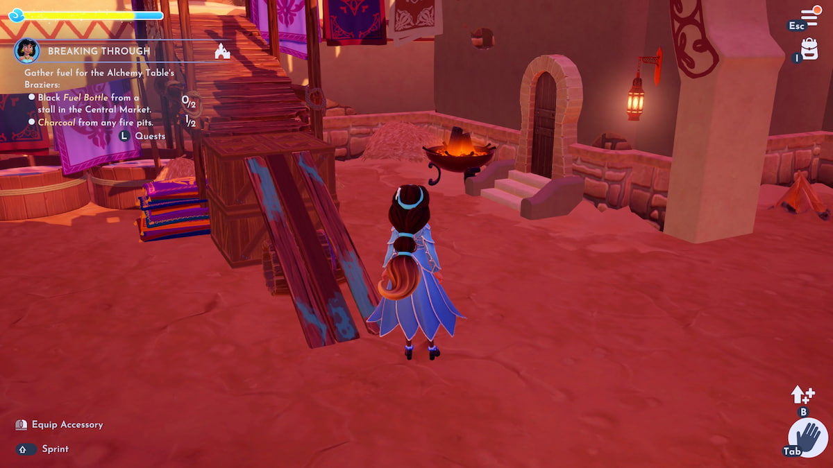 A fire pit behind a ramp in Disney Dreamlight Valley.