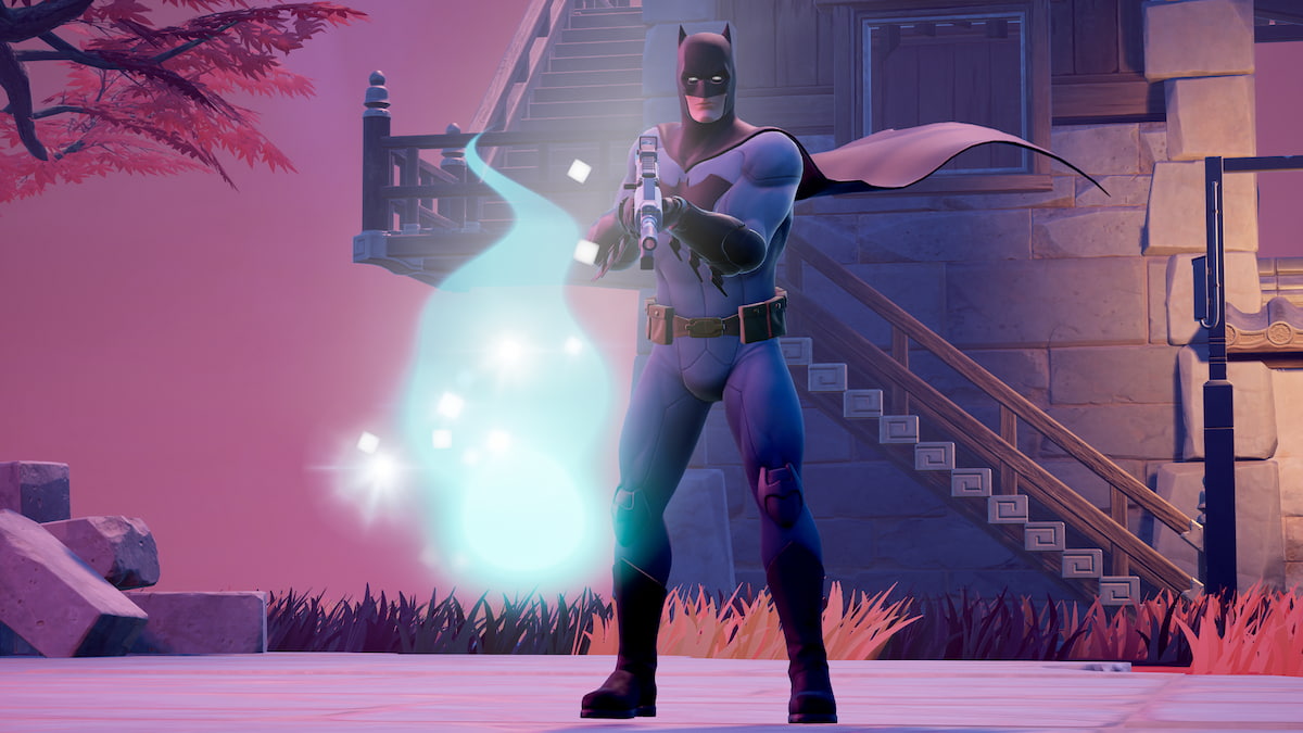 Batman looking at the glowing essence that dropped from Shogun X in Fortnite.