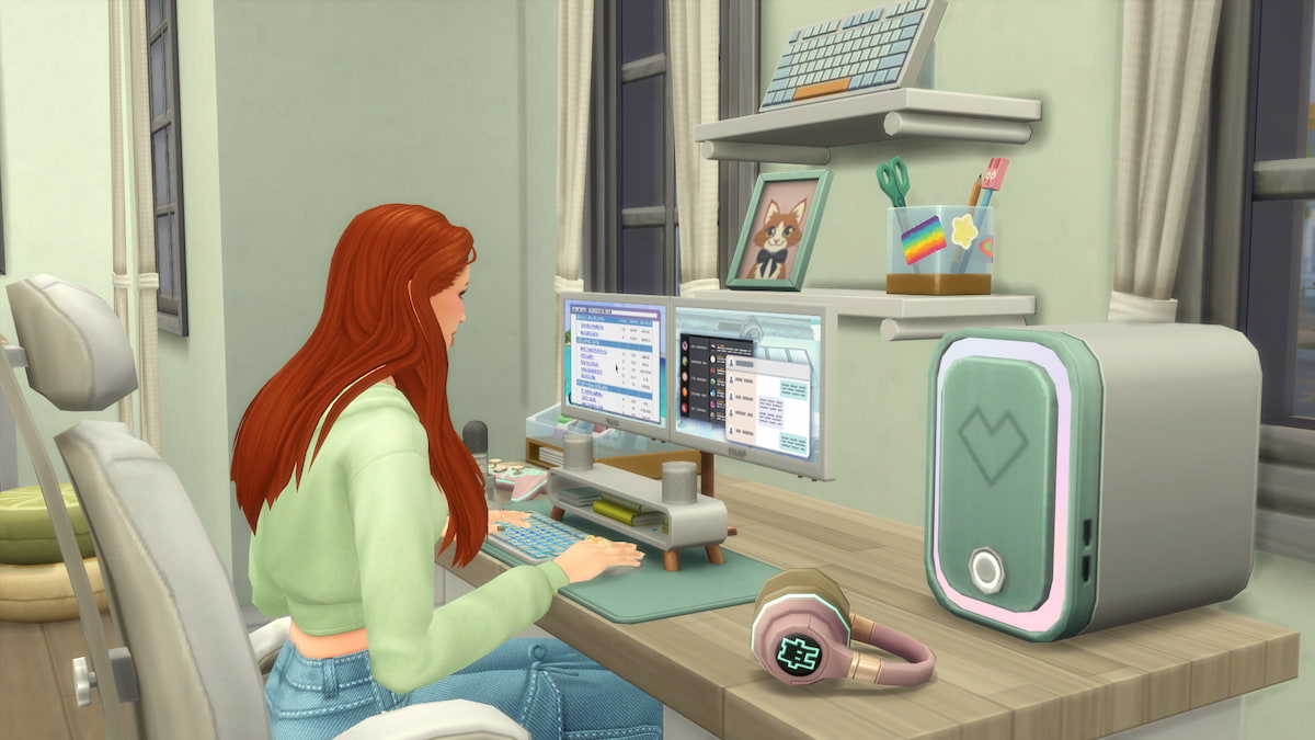 A Sim with orange hair and a light green jacket using a computer in The Sims 4.
