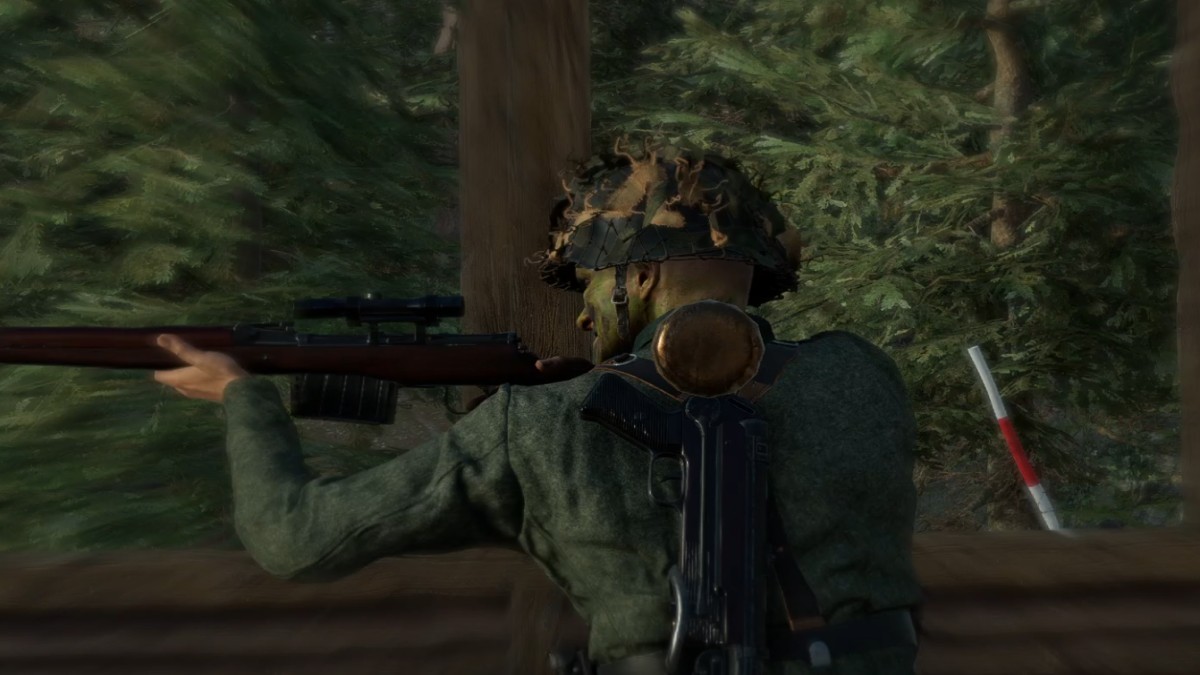 A bullet about to hit the back of the head of an enemy soldier in Sniper Elite Resistance