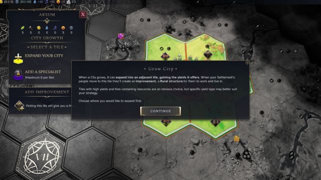 Civilization 7 screenshot of the first stages of a match with a city being expanded.
