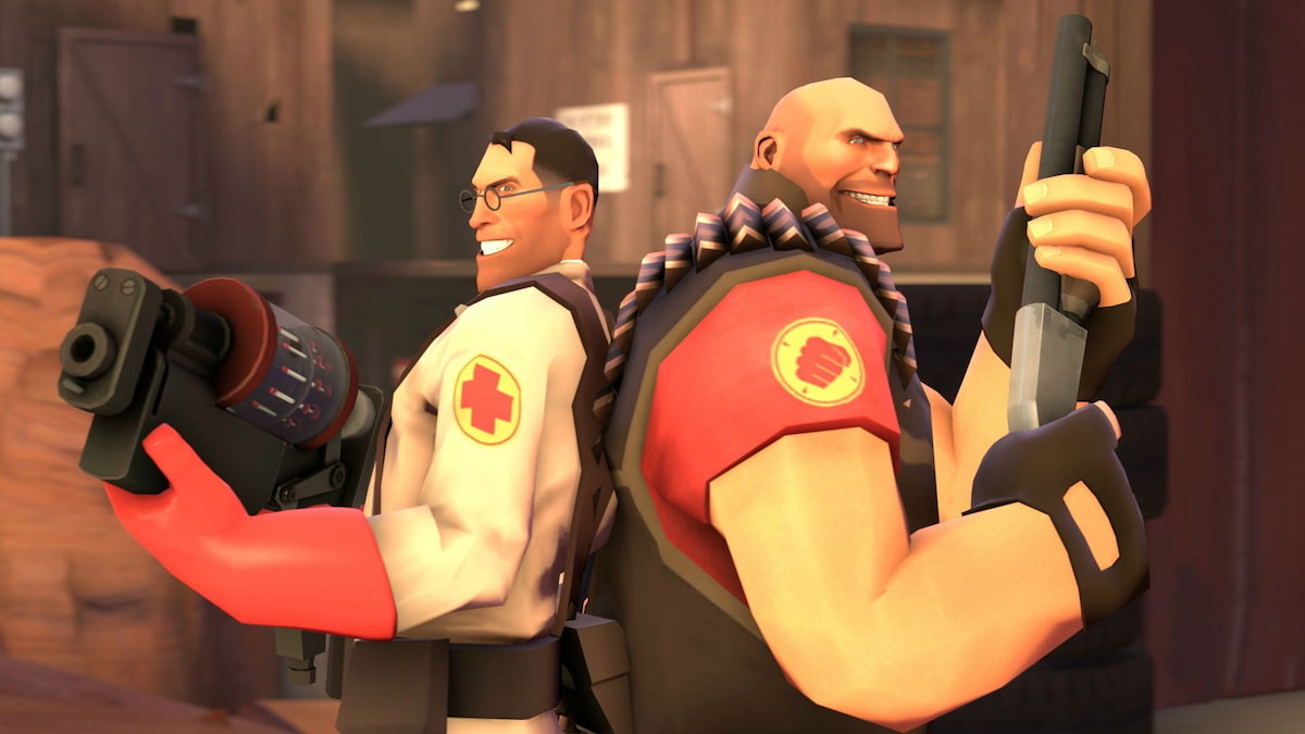 Medic on the left and Heavy on the right holding their weapons in Team Fortress 2