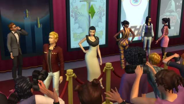 Celebrities standing on a red carpet in The Sims 4.