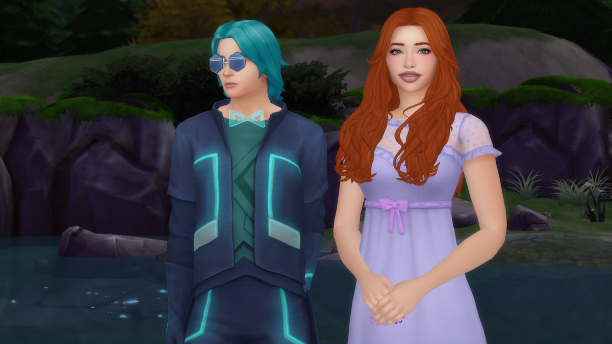 A sim with orange hair and a purple dress standing next to time traveler Emit Relevart at a park in the sims 4.