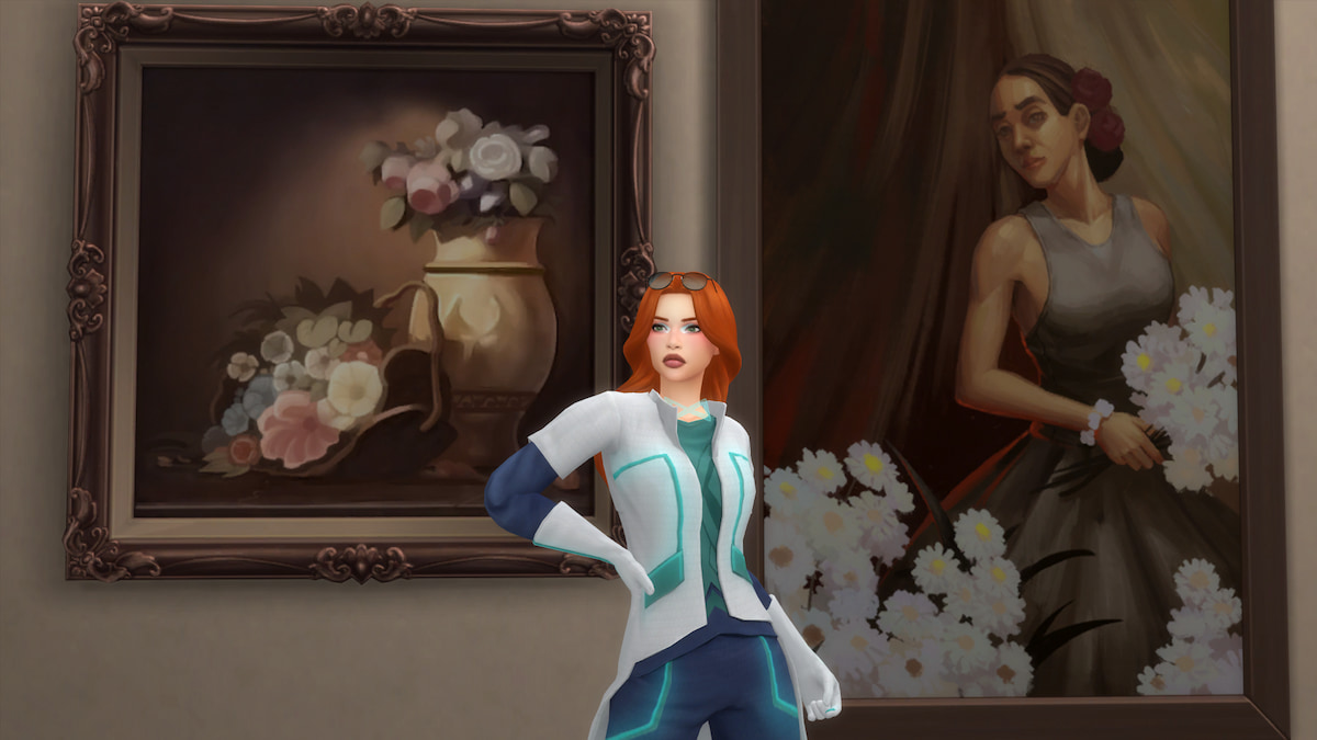 A sim with orange hair and a futuristic white and blue outfit standing in front of two paintings in the sims 4.