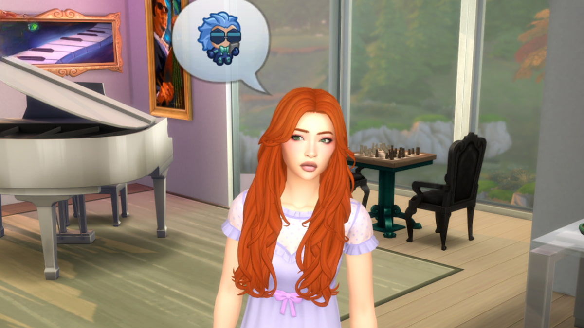 A Sim with orange hair and a purple dress thinking while searching objects for shards of time in The Sims 4.