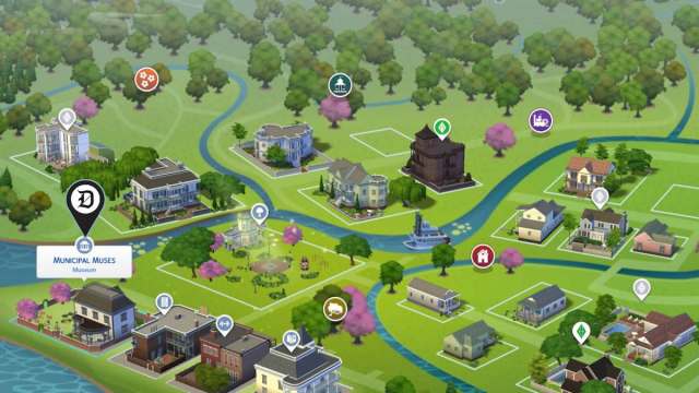 The Municipal Muses in Willow Creek marked on a map in the sims 4.
